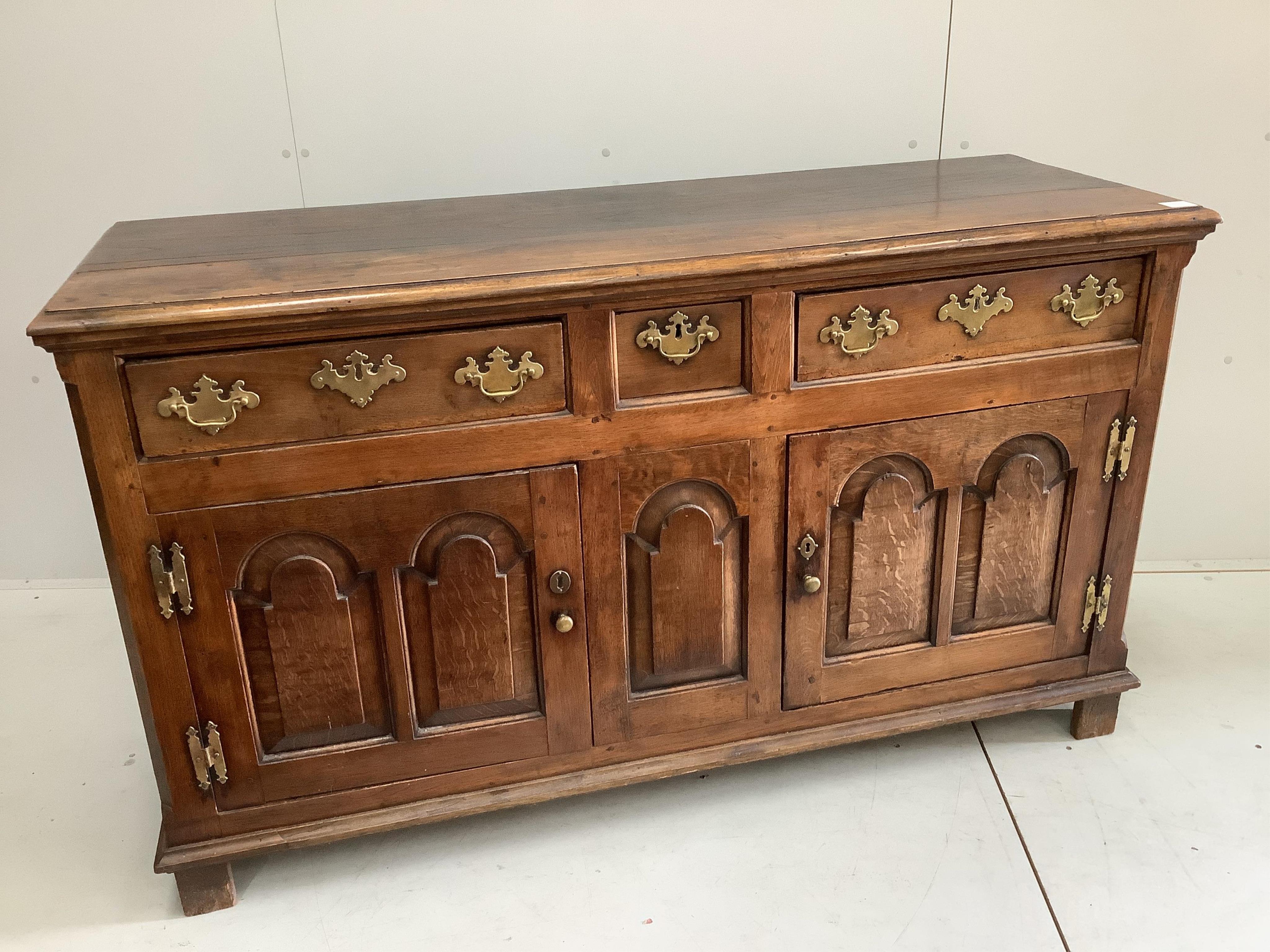 An 18th century Welsh oak low dresser, width 152cm, depth 52cm, height 89cm. Condition - fair